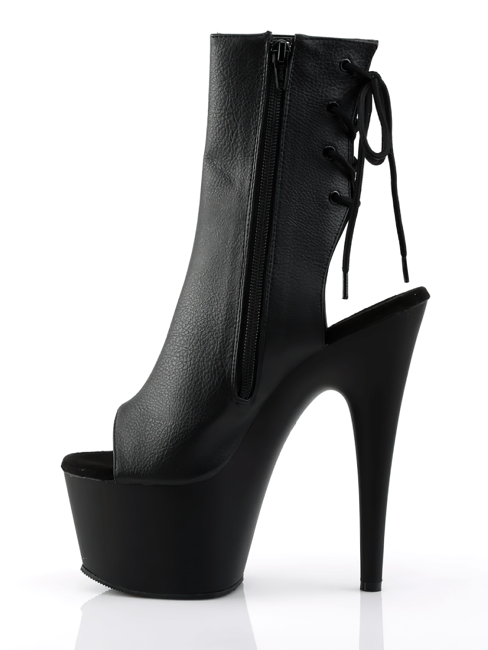 PLEASER black peep toe ankle boots with back lace-up, 7-inch heel and hidden zip pocket for a stunning look.