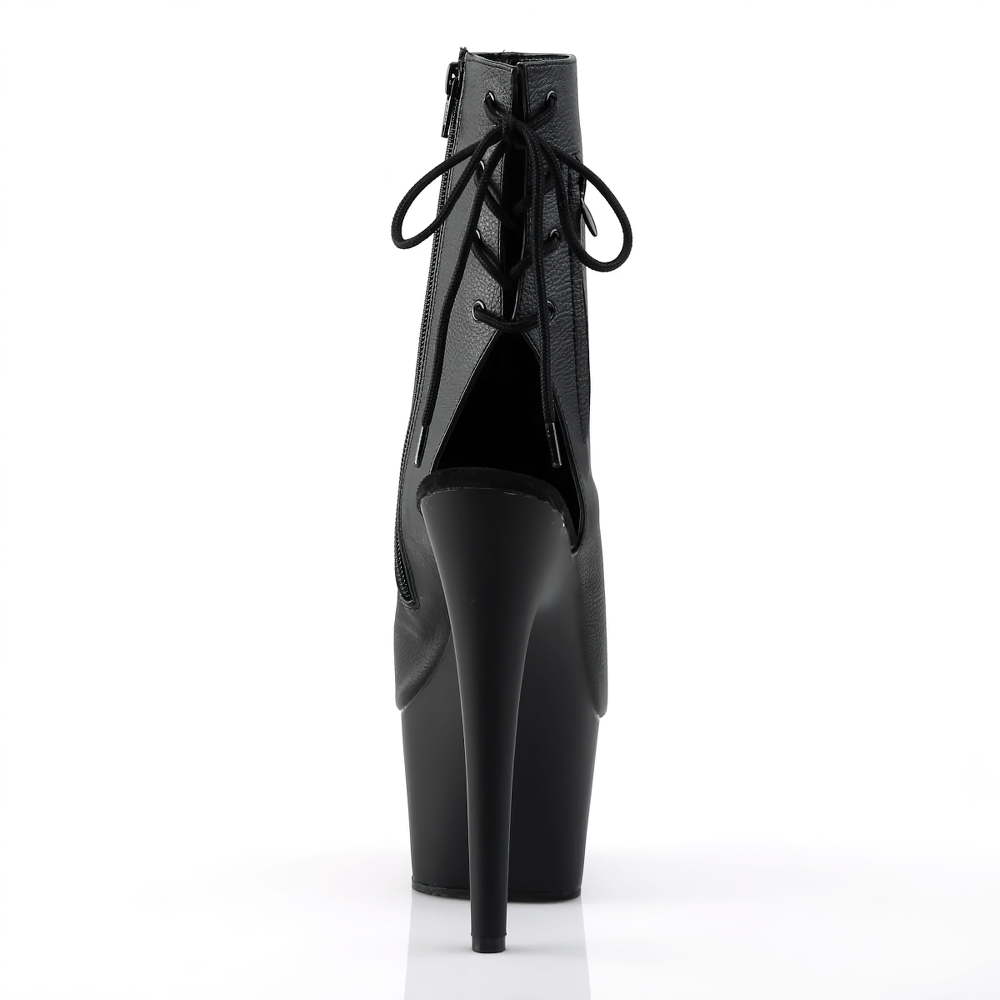 Back view of Pleaser black peep toe ankle boots with lace-up detail and towering stiletto heels.