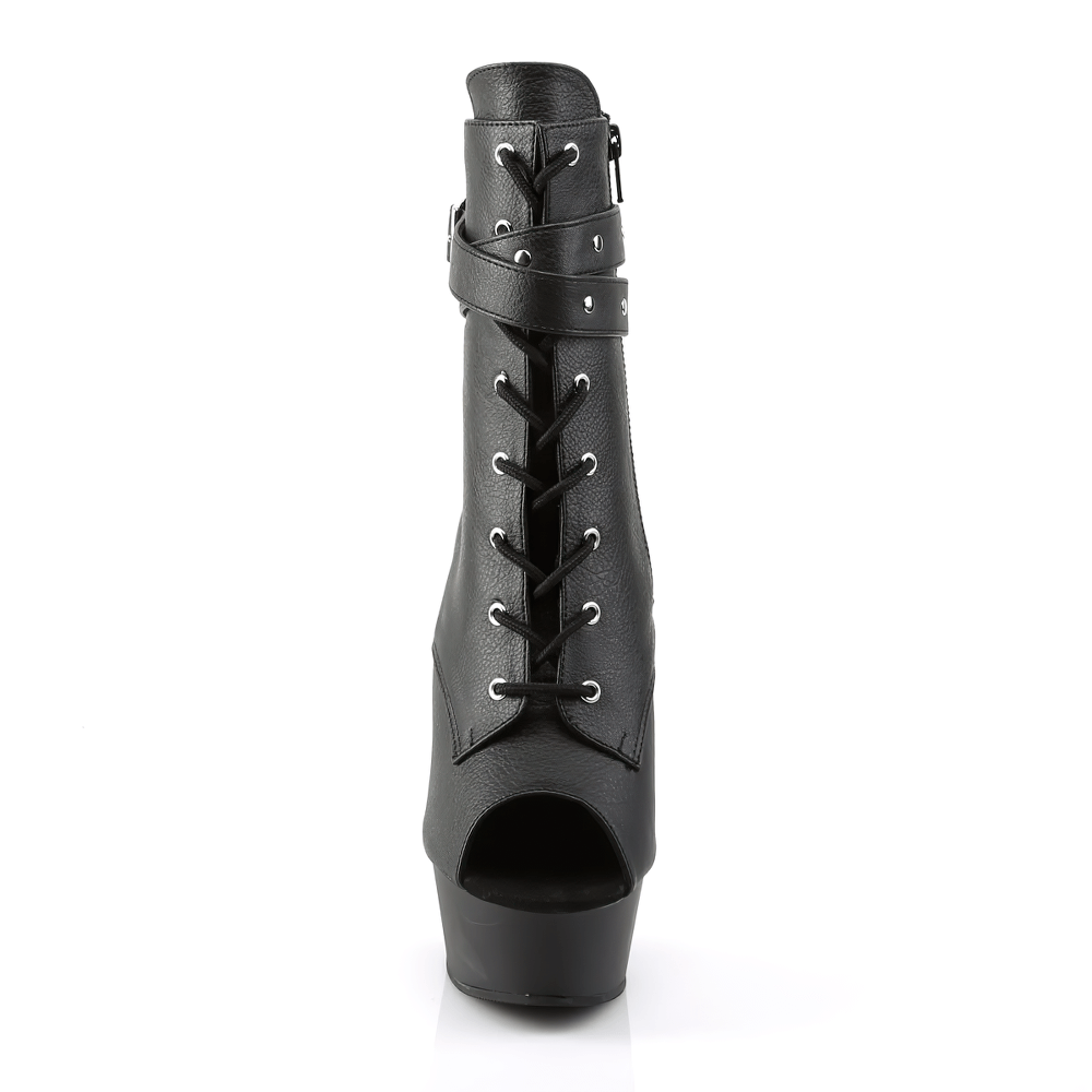 PLEASER Black Peep Toe Lace-Up Ankle Boots with Buckle Strap