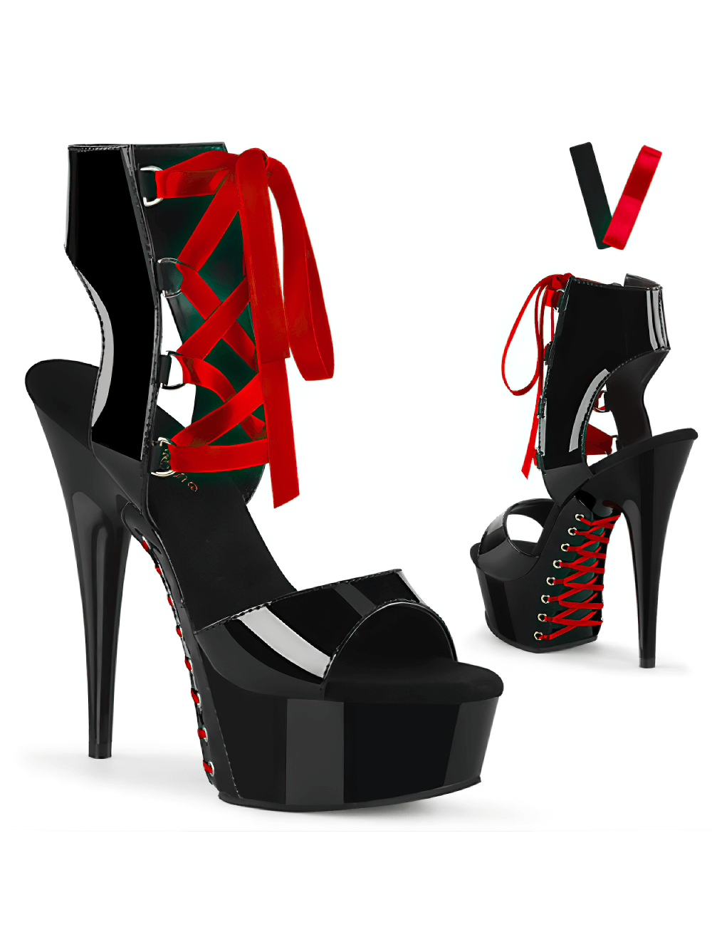 PLEASER Black Platform Open Shoes Heel with Red Corset Lacing