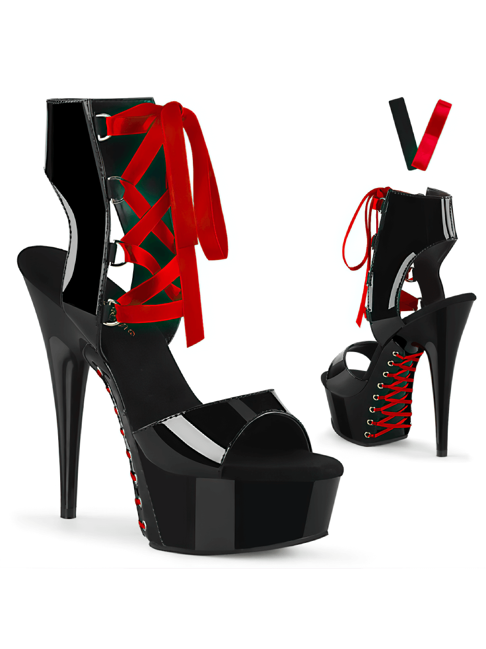 PLEASER black platform open shoes with red corset lacing, featuring stiletto heels and interchangeable satin laces.