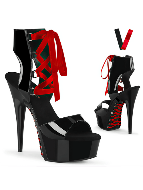 PLEASER Chaussures Plateforme Noires Ouvertes à Talon avec Laçage Corset Rouge