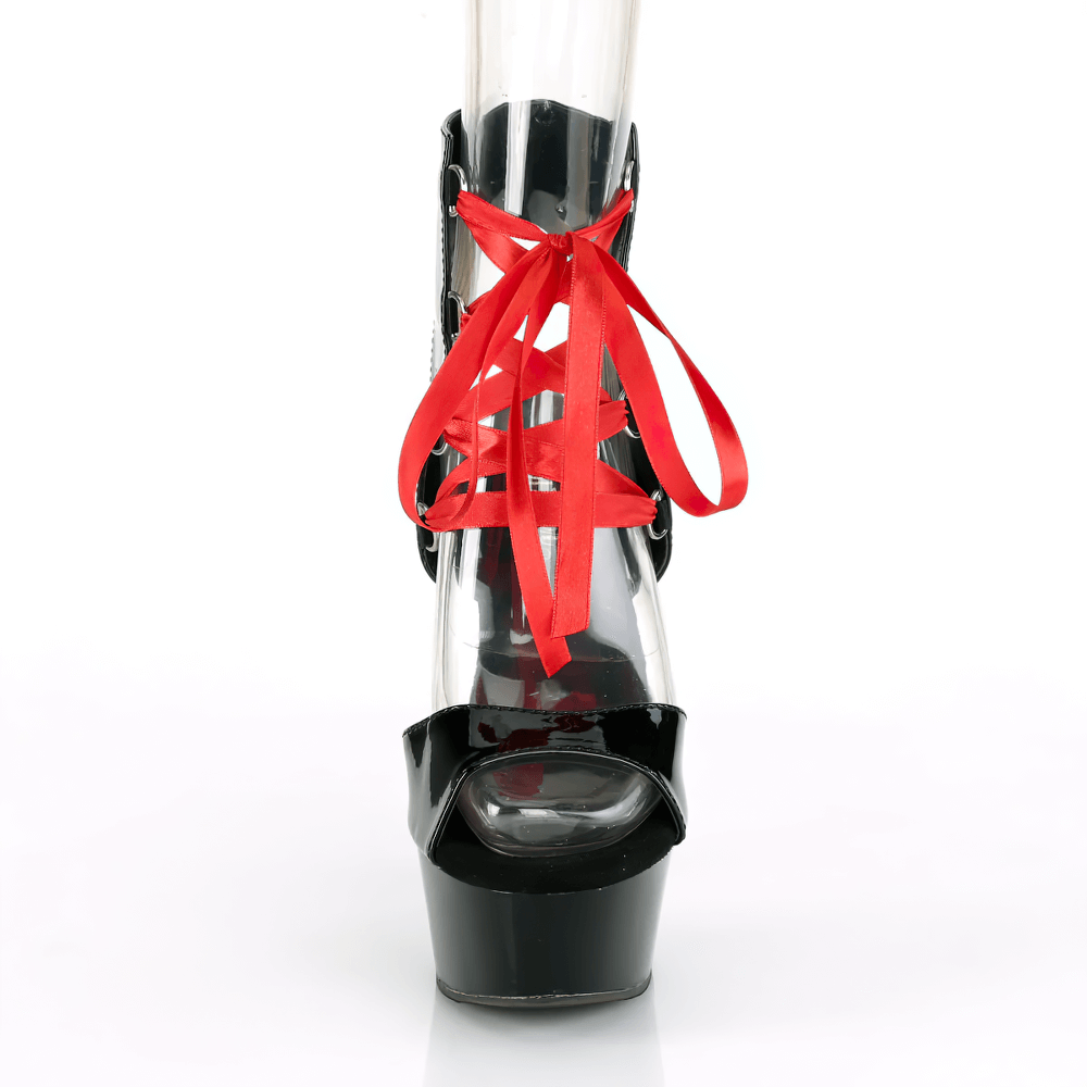 Front view of Pleaser black platform shoes with red corset lacing and ankle-high design, showcasing 6-inch heels.