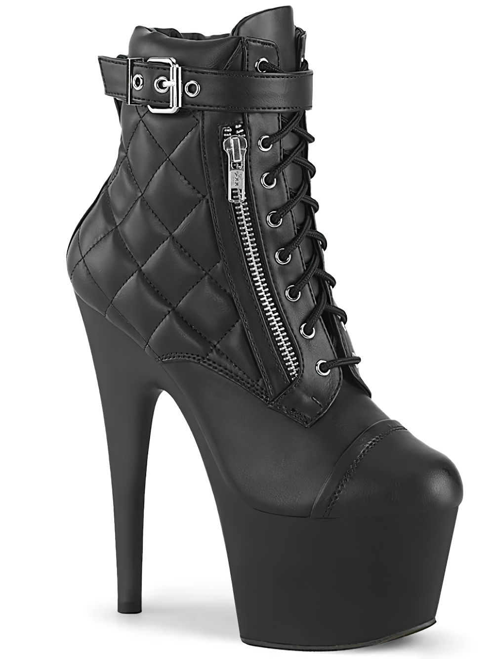 PLEASER Black Quilted Lace-Up Ankle Boots, 7-inch heel with buckled strap and quilted texture, stylish and bold.
