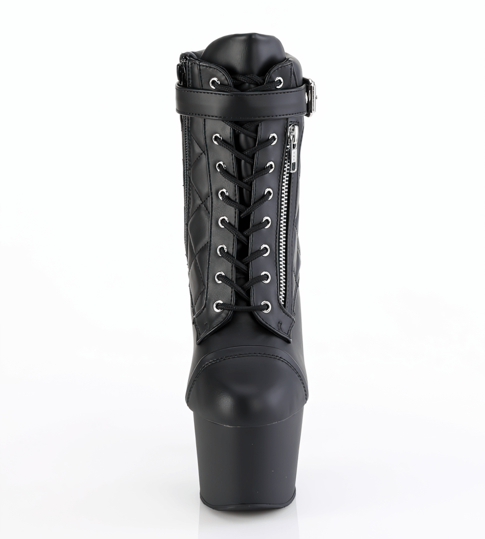 PLEASER Black Quilted Lace-Up Ankle Boots with 7-inch heel and buckle strap, featuring stylish zip pocket.