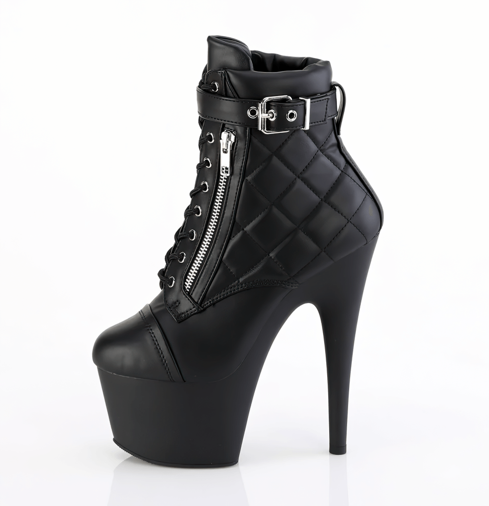 PLEASER Black Quilted Lace-Up Ankle Boots with 7-inch heel and buckle strap, featuring stylish zip pocket and padded collar.
