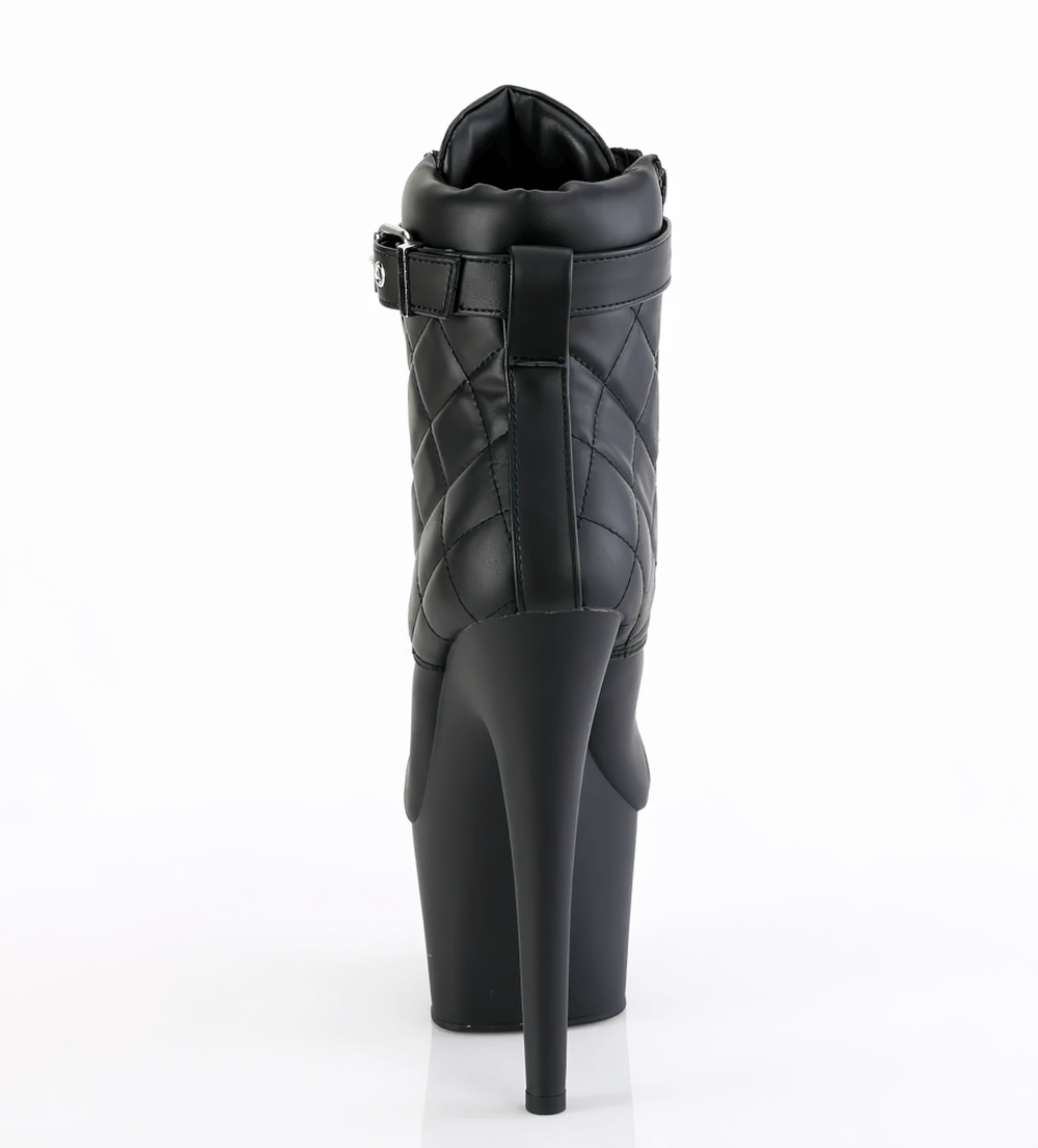 Back view of PLEASER black quilted lace-up ankle boots with a striking stiletto heel and stylish buckle strap.