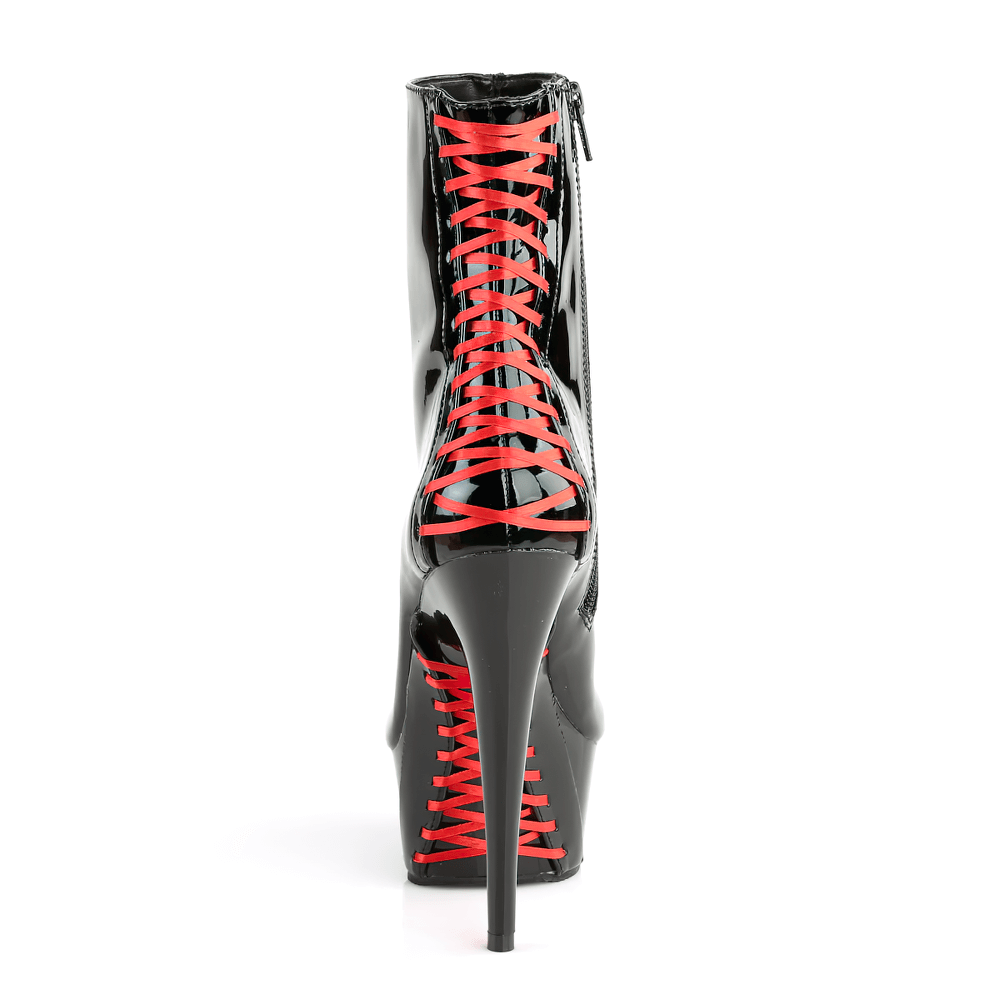 PLEASER Black Stiletto Heel Ankle Boots with Red Corset Lacing