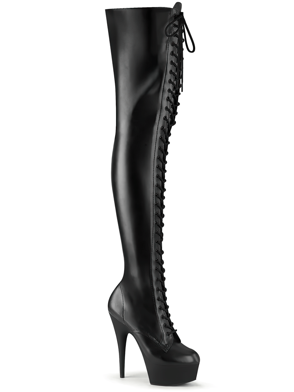 Stylish PLEASER black thigh-high lace-up stiletto platform boots with 6-inch heel and side zip for edgy elegance.