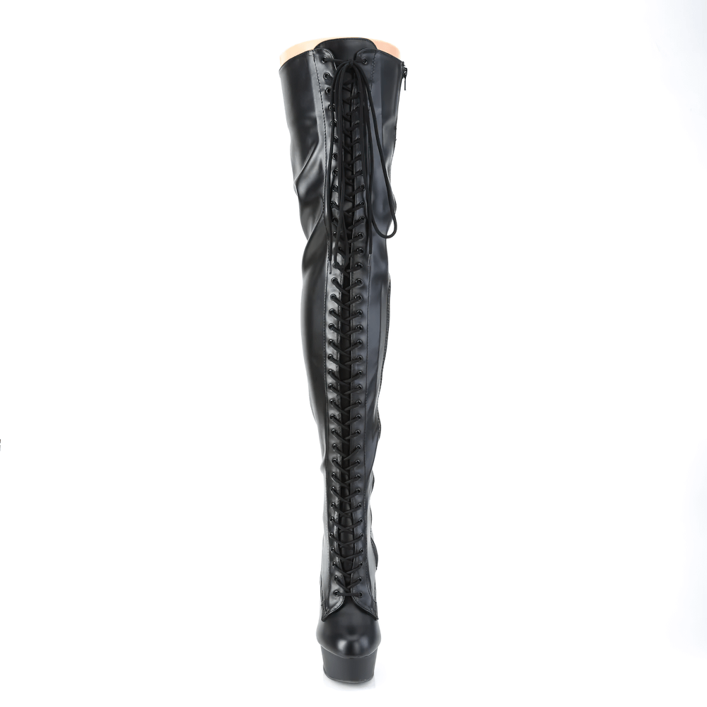 Black stiletto thigh-high lace-up platform boots with zipper detail for bold style and edgy elegance.