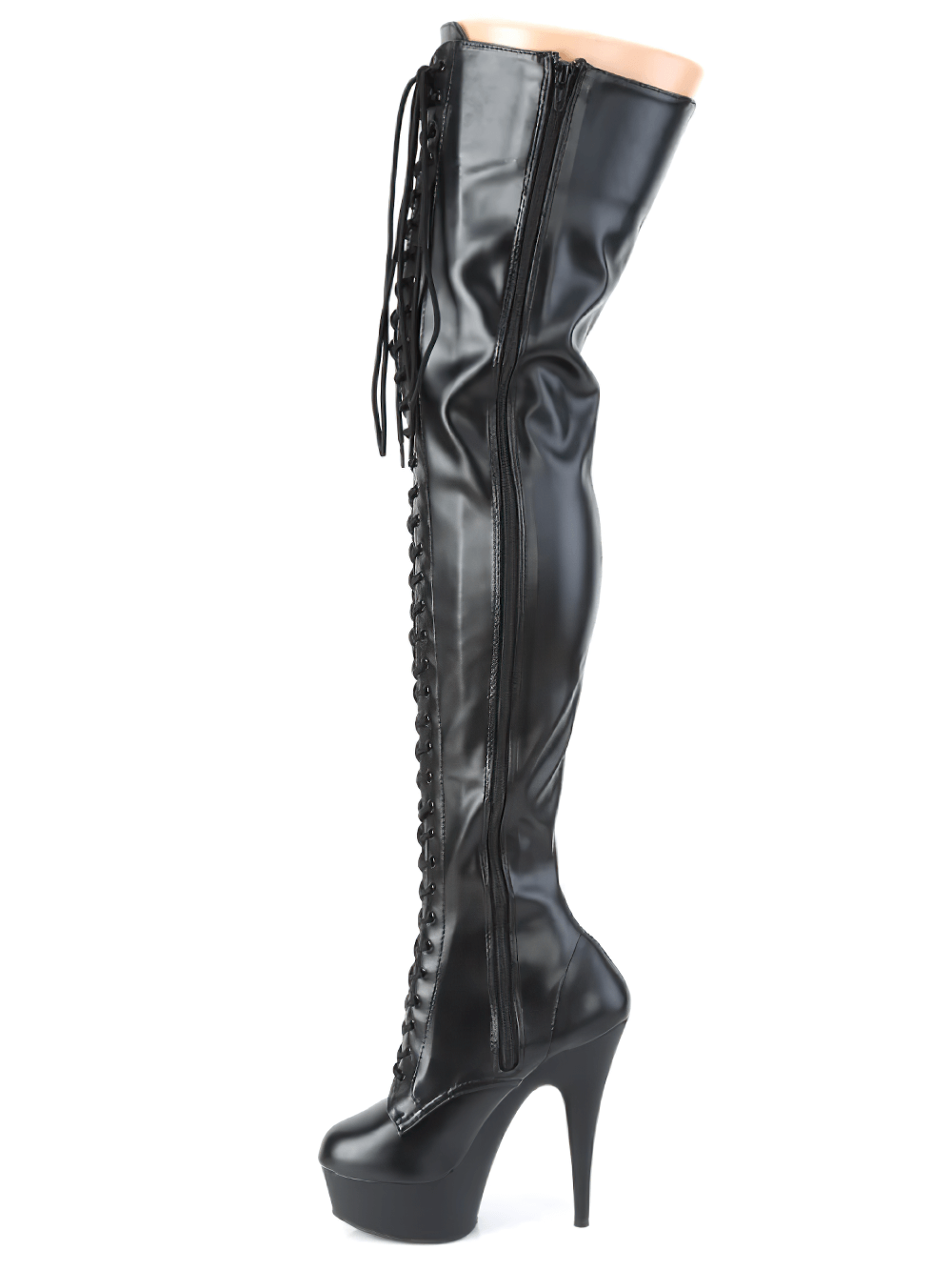 Glossy black thigh-high stiletto lace-up platform boots showcasing a bold 6-inch heel and side zipper for easy wear.