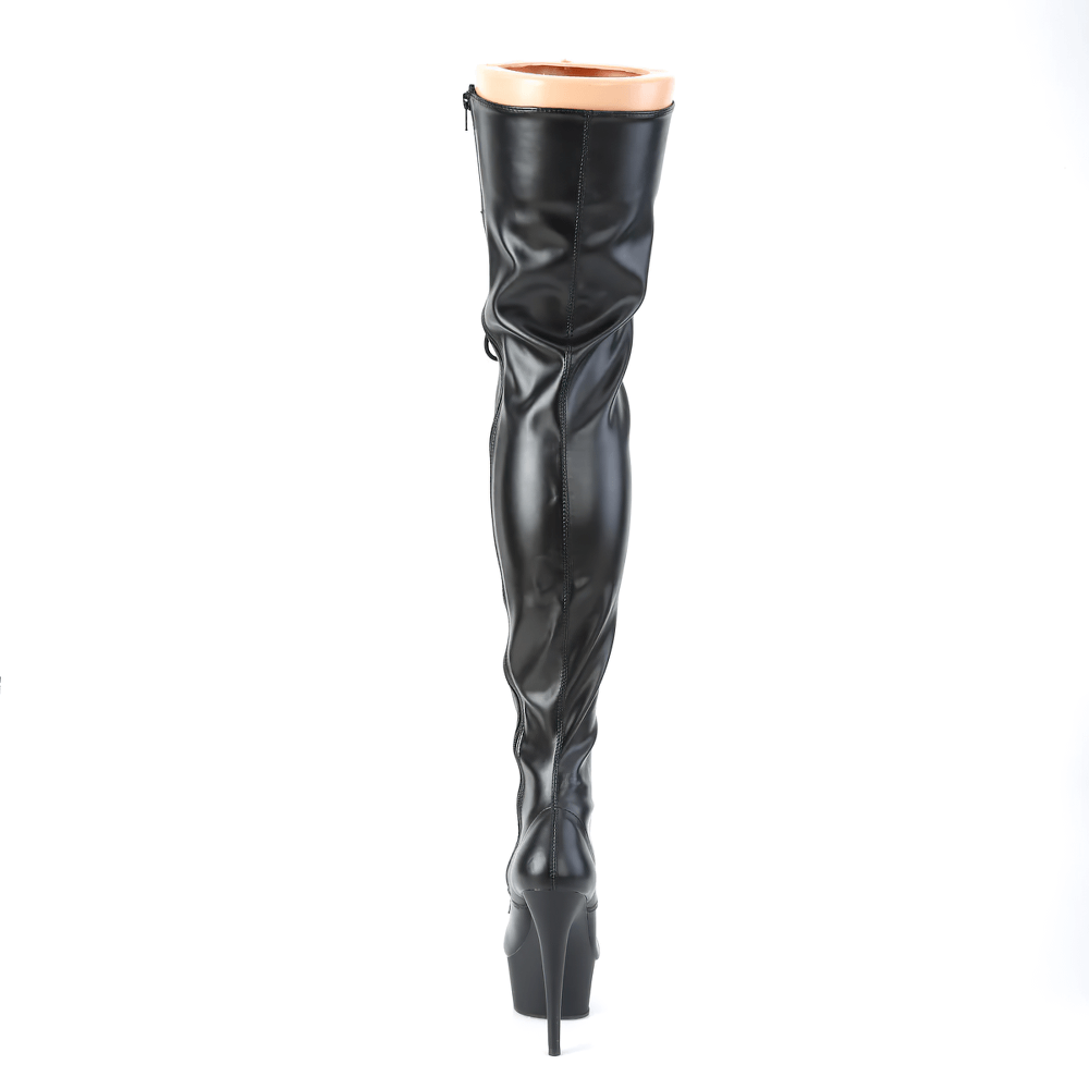 Back view of PLEASER Black Stiletto Lace-Up Thigh-High Boots with sleek design and high heel.