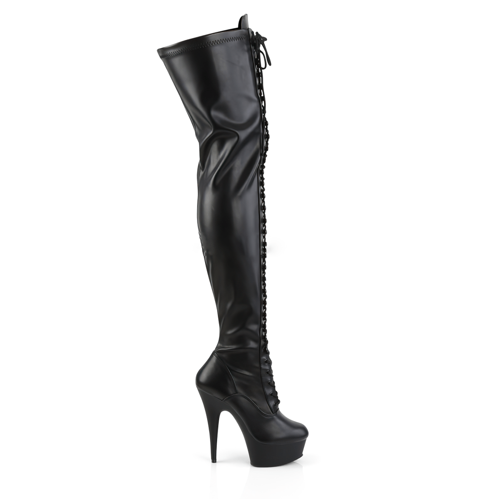 Black thigh-high lace-up stiletto platform boots with sleek silhouette and high heel design.