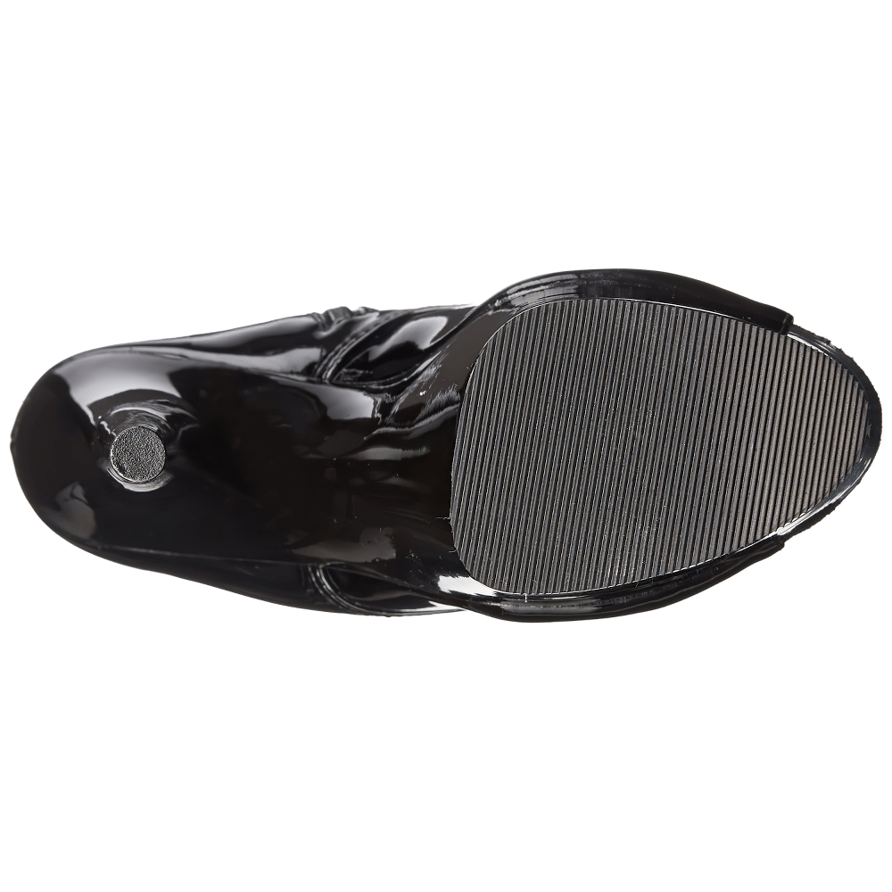 Sleek black stiletto ankle boot sole featuring a textured bottom for grip and stylish edge.