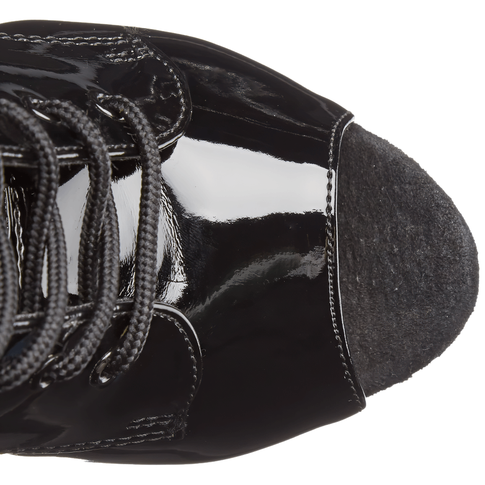 Top view of PLEASER Black Stiletto Peep-Toe Lace-Up Ankle Boots with glossy patent finish and lace detailing.