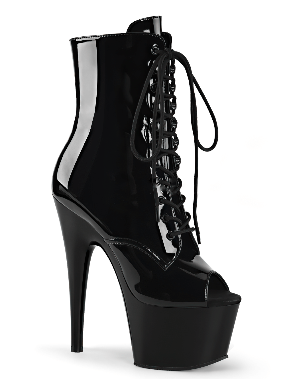 Stylish black stiletto peep-toe ankle boots with lace-up front and side zip for an edgy look.