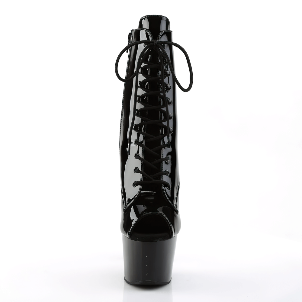 Black stiletto peep-toe lace-up ankle boot with side zip and platform heel, perfect for making a bold fashion statement.
