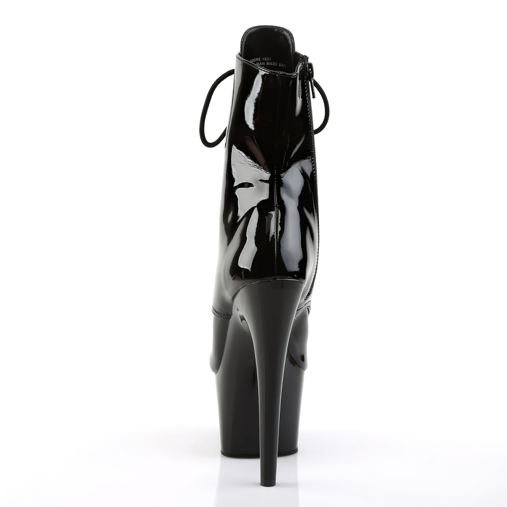 Back view of PLEASER Black Stiletto Peep-Toe Lace-Up Ankle Boots with high heel and side zip detail.