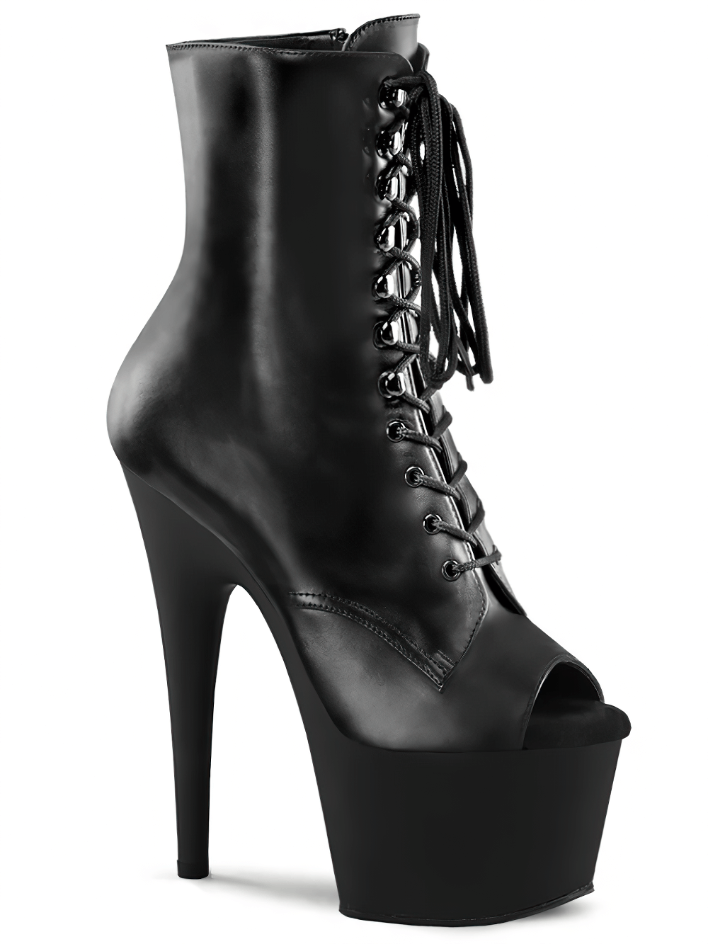 Black lace-up stiletto platform boots with peep toe and side zip for a bold, edgy look.