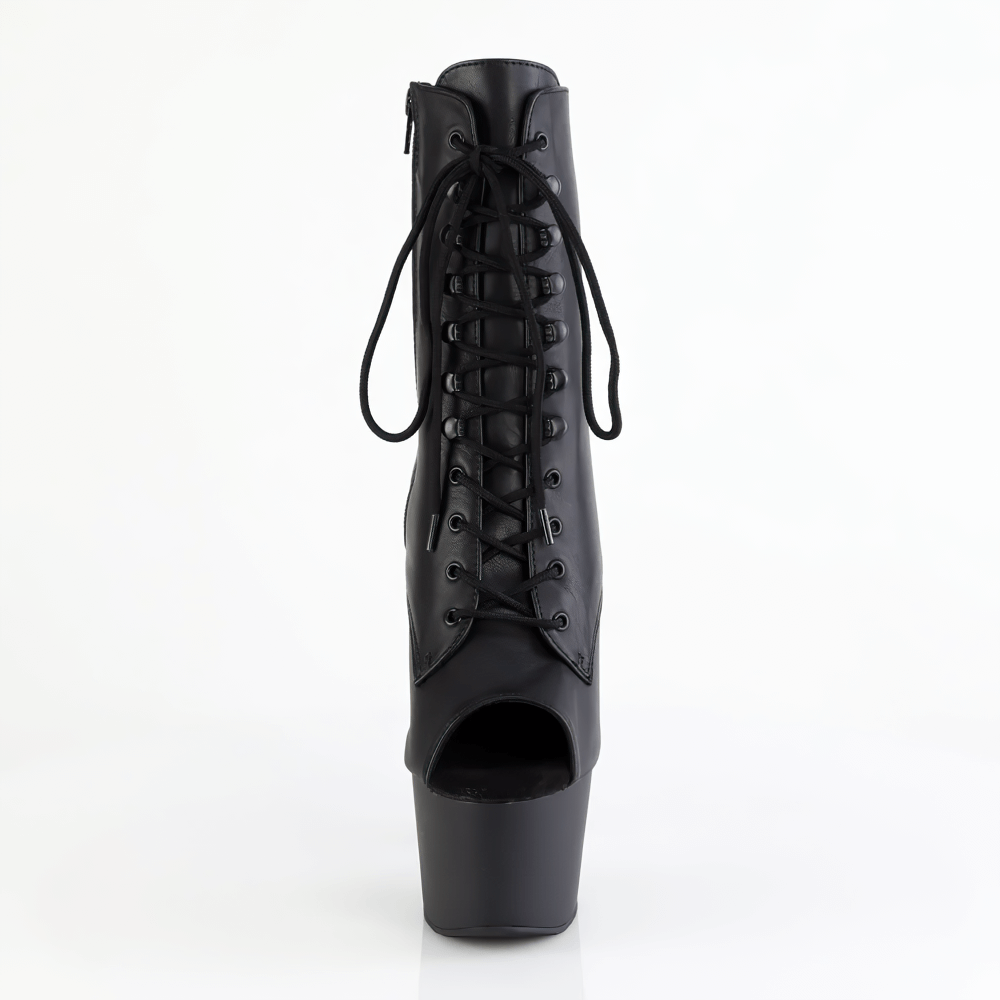 Black stiletto peep-toe platform lace-up boots featuring a 7-inch heel and side zip for easy wear.