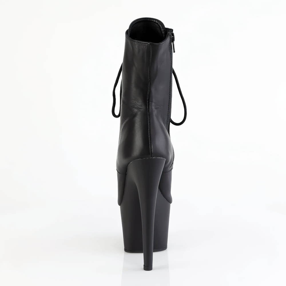 Rear view of PLEASER black stiletto peep-toe platform lace-up boots with side zip and high heel.