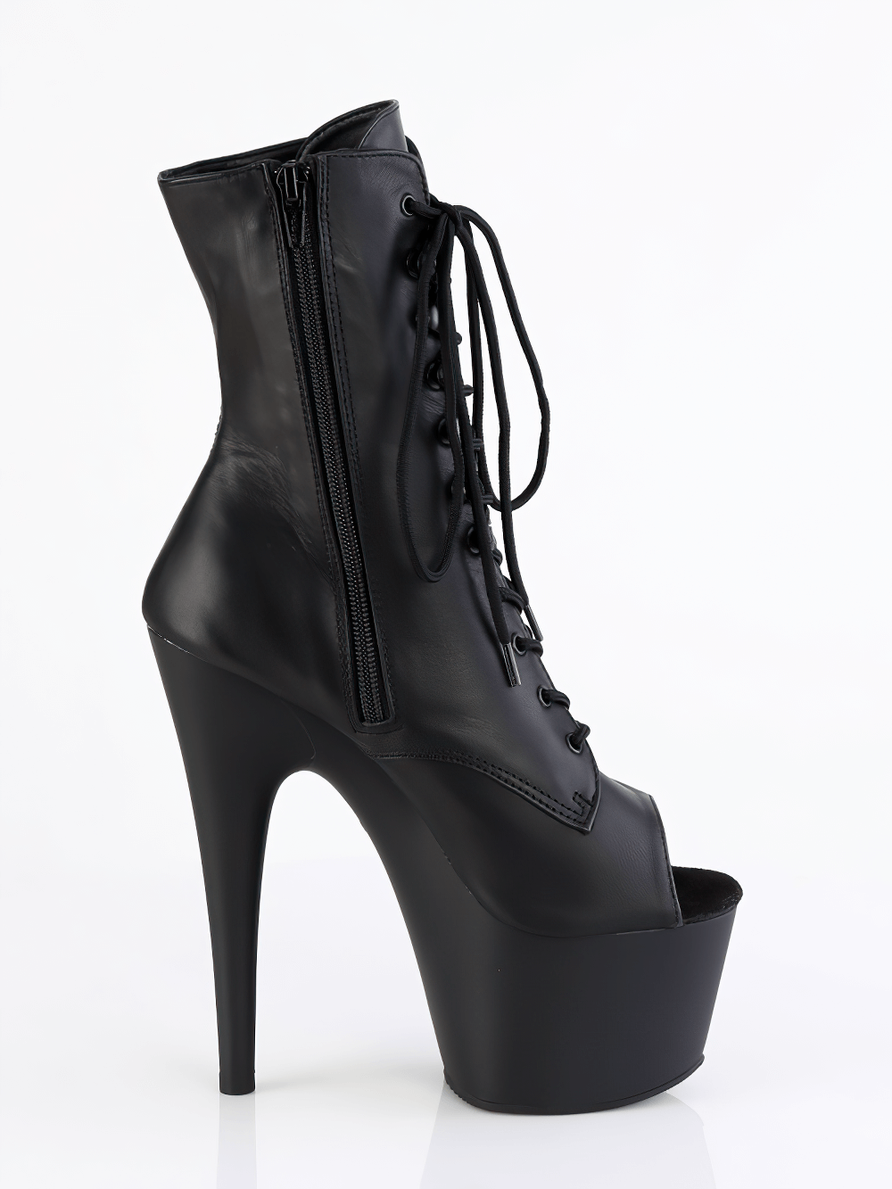 Black stiletto peep-toe platform lace-up boots with side zip and bold 7-inch heel.
