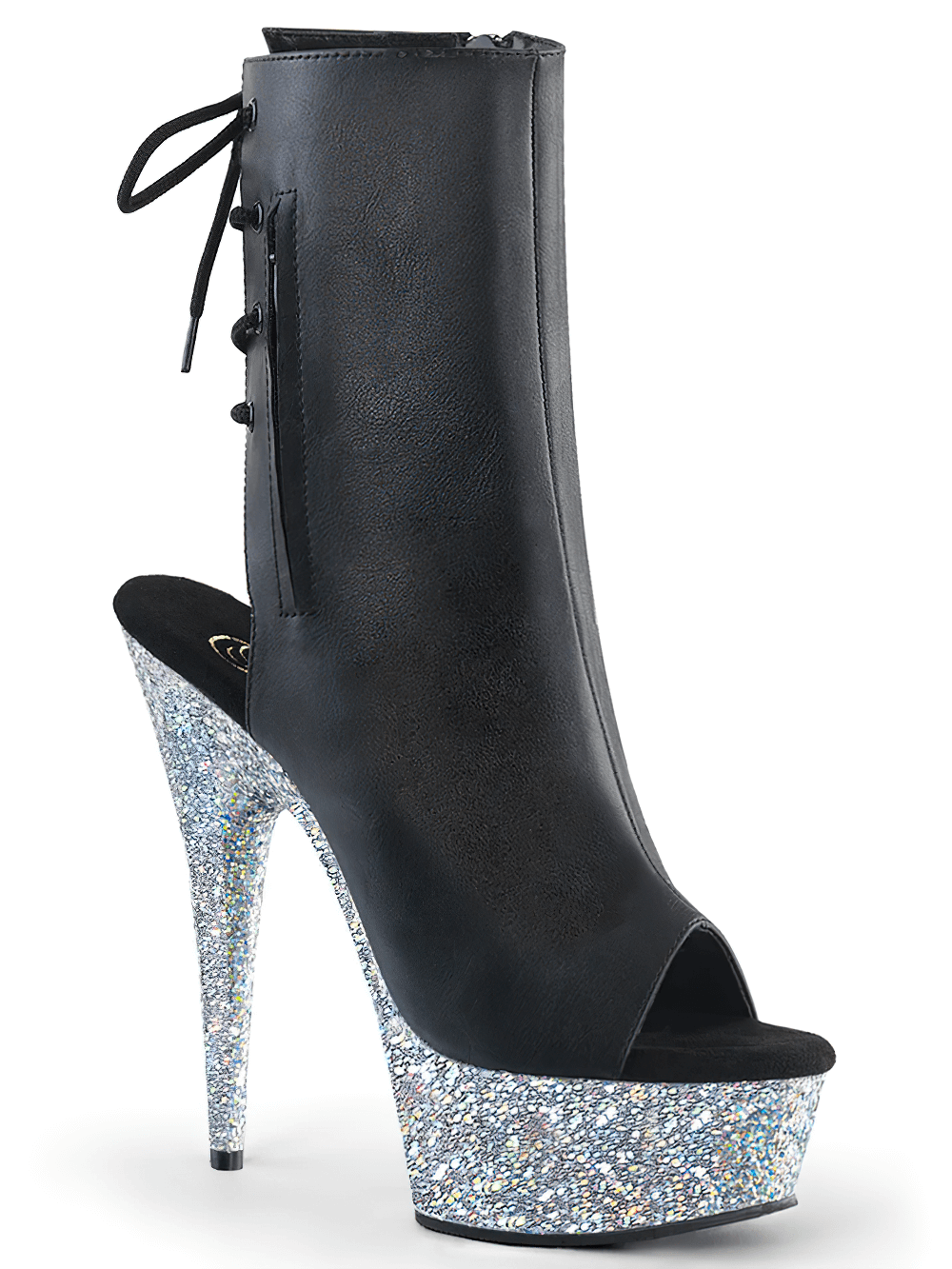 Stylish PLEASER Black Vegan Leather Ankle Boots with Silver Glitter Heel, perfect for elegant evening wear.