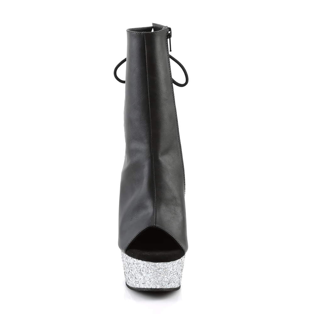 Front view of PLEASER black vegan leather ankle boots with silver glitter heel, showcasing open-toe and lace-up details.