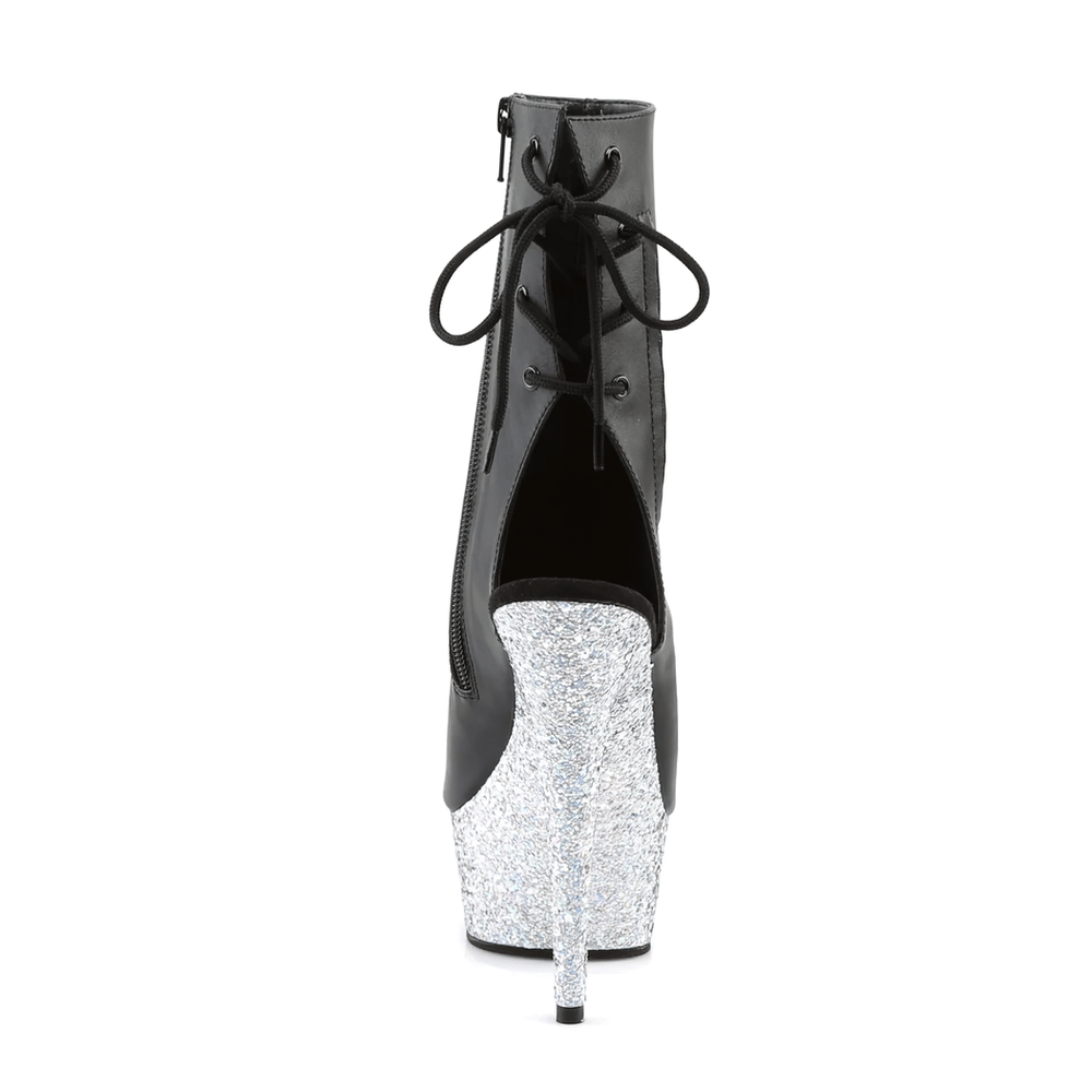 Back view of PLEASER black vegan leather ankle boots with dazzling silver glitter heel and lace-up detail.