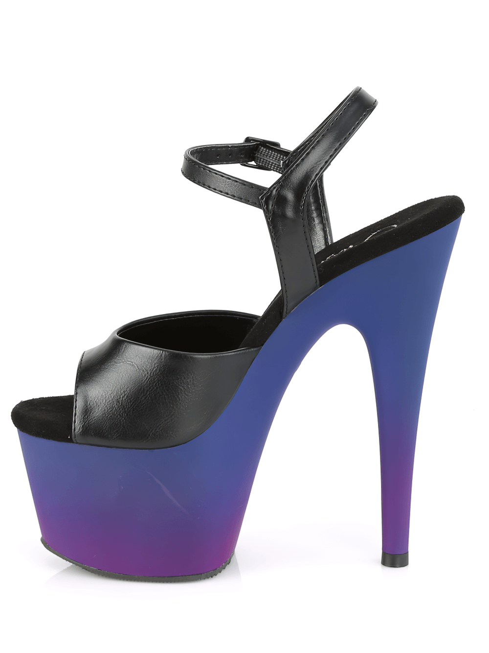 Black vegan leather ankle strap sandals with blue-purple ombre platform heels, perfect for a bold fashion statement.