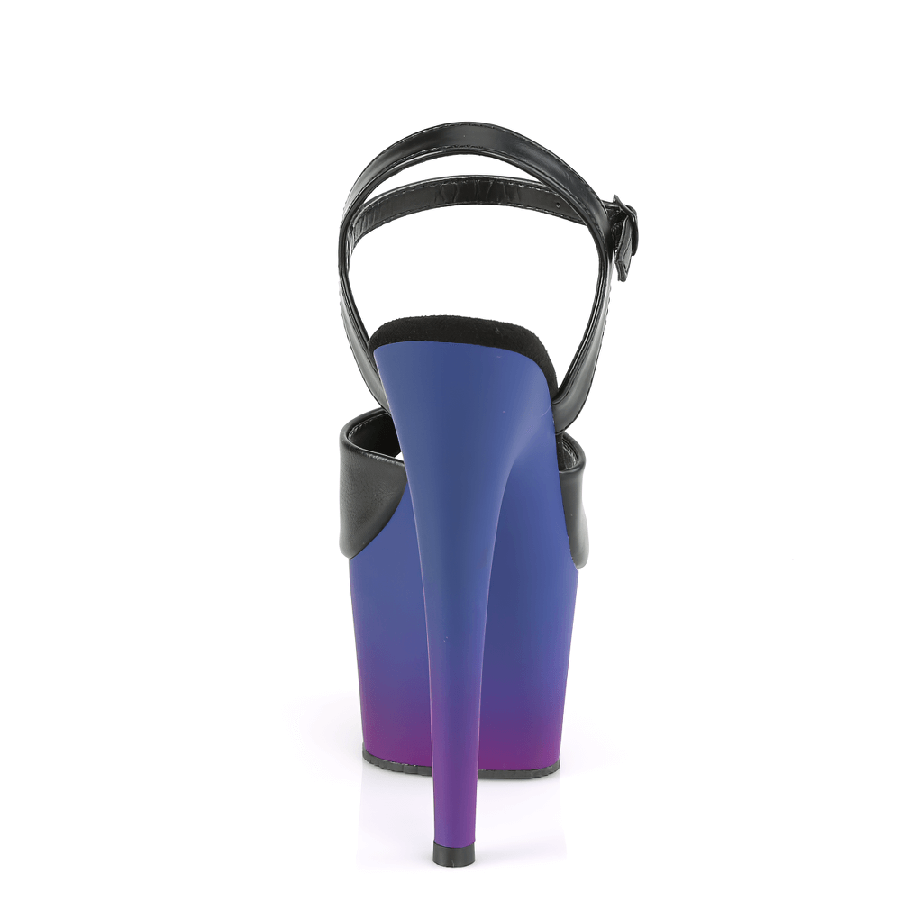 Back view of PLEASER black vegan leather sandals with blue-purple ombre platform heels, showcasing 7-inch heels.