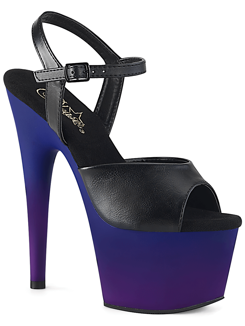 PLEASER black vegan leather sandals with blue-purple ombre platform heels, perfect for a bold fashion statement.