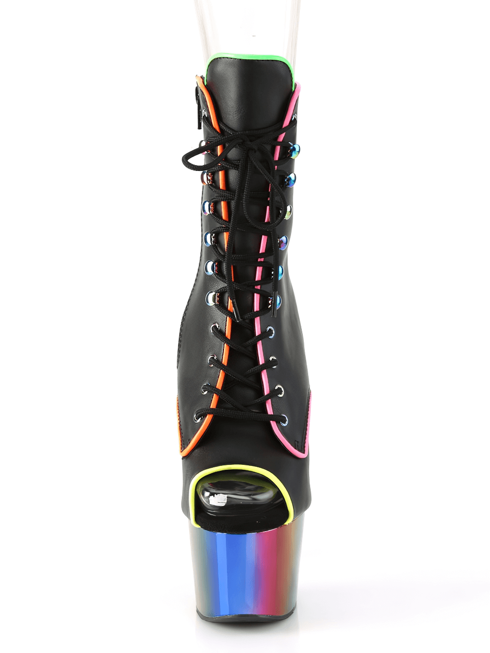 PLEASER Blacklight Reactive Ankle Boots with Rainbow Heels