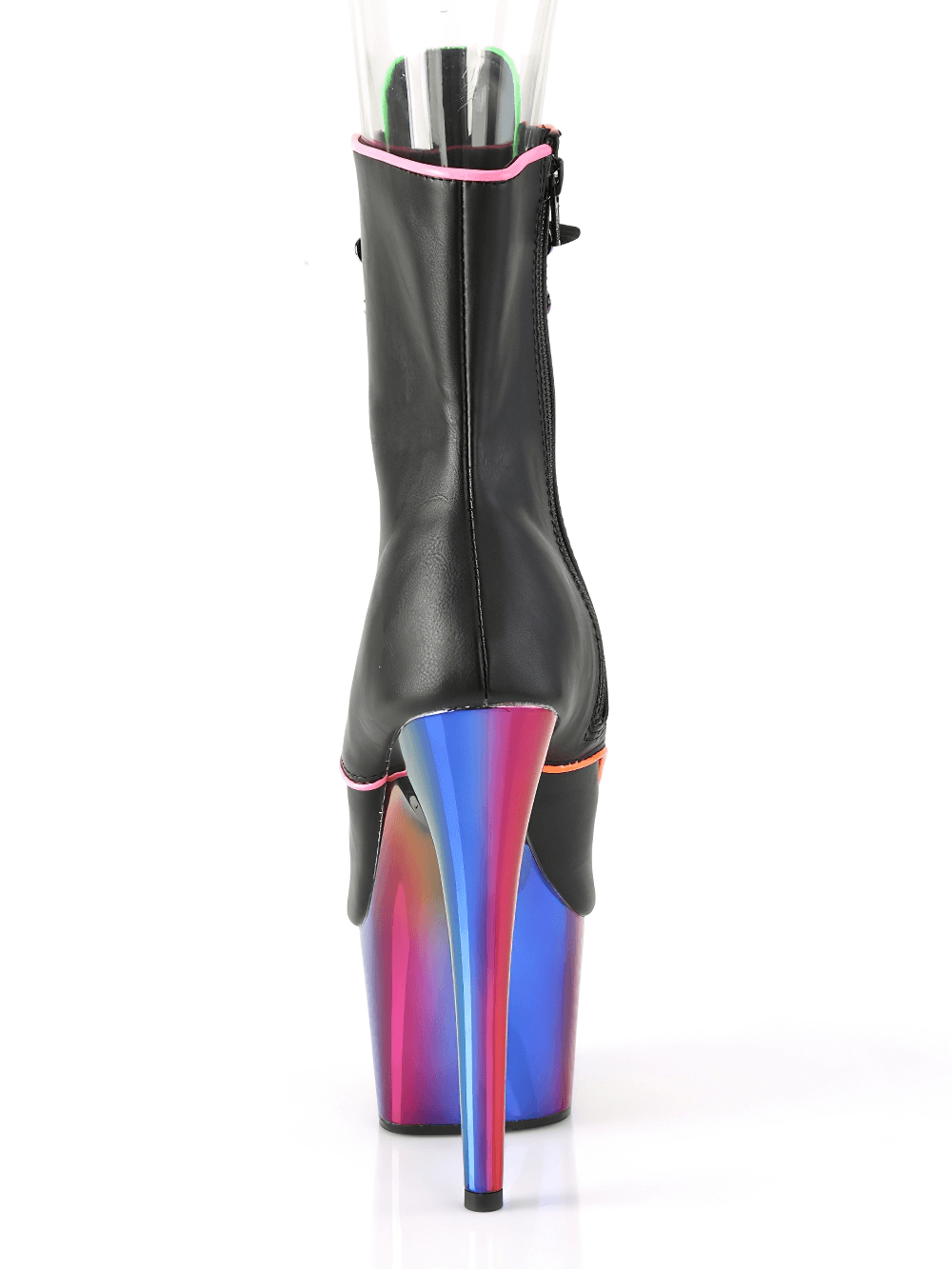 PLEASER Blacklight Reactive Ankle Boots with Rainbow Heels