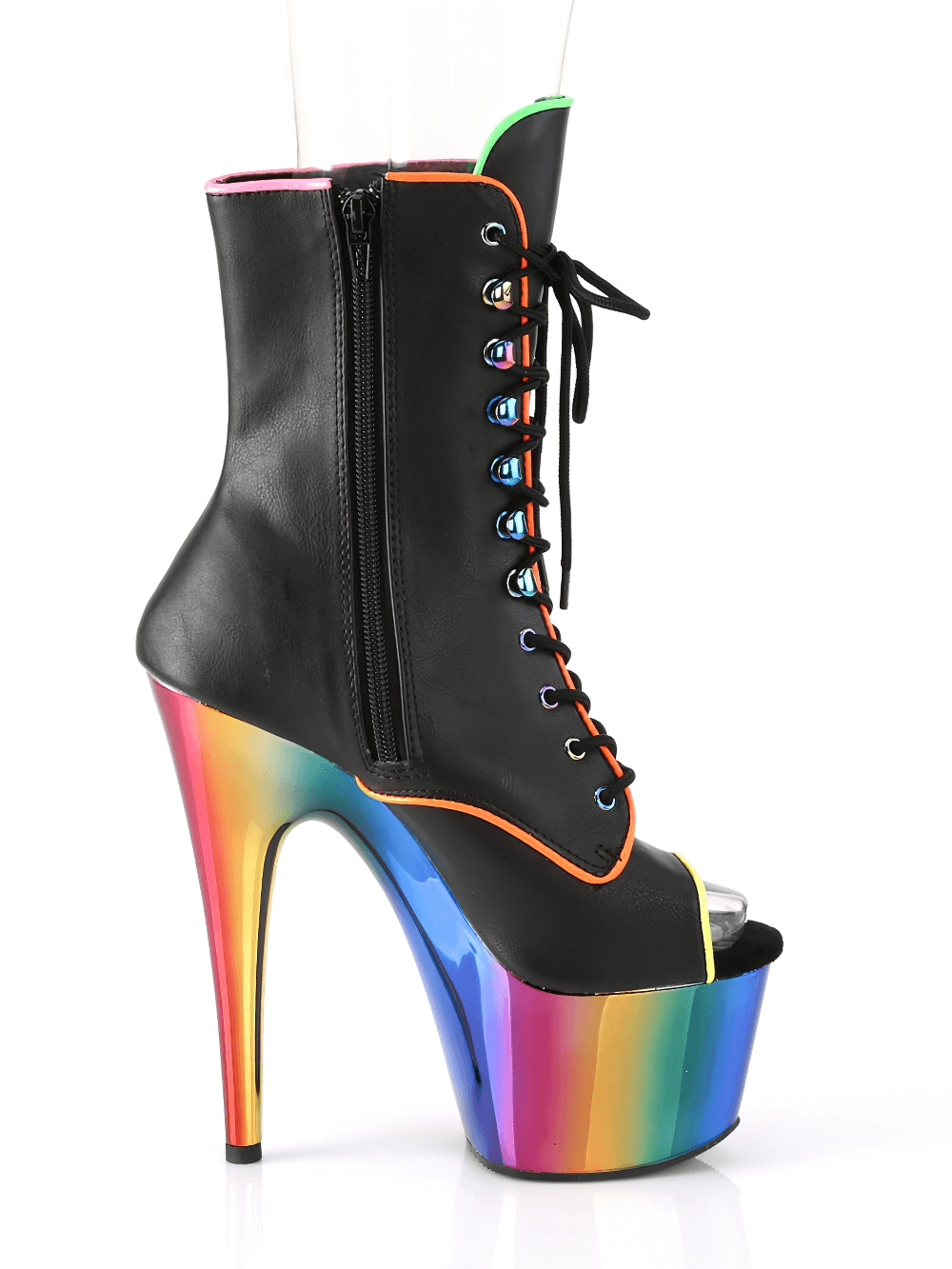 PLEASER Blacklight Reactive Ankle Boots with Rainbow Heels