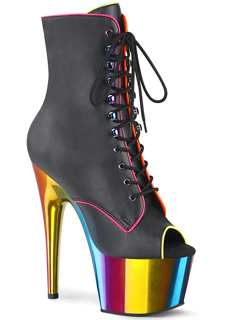 PLEASER Blacklight Reactive Ankle Boots with Rainbow Heels