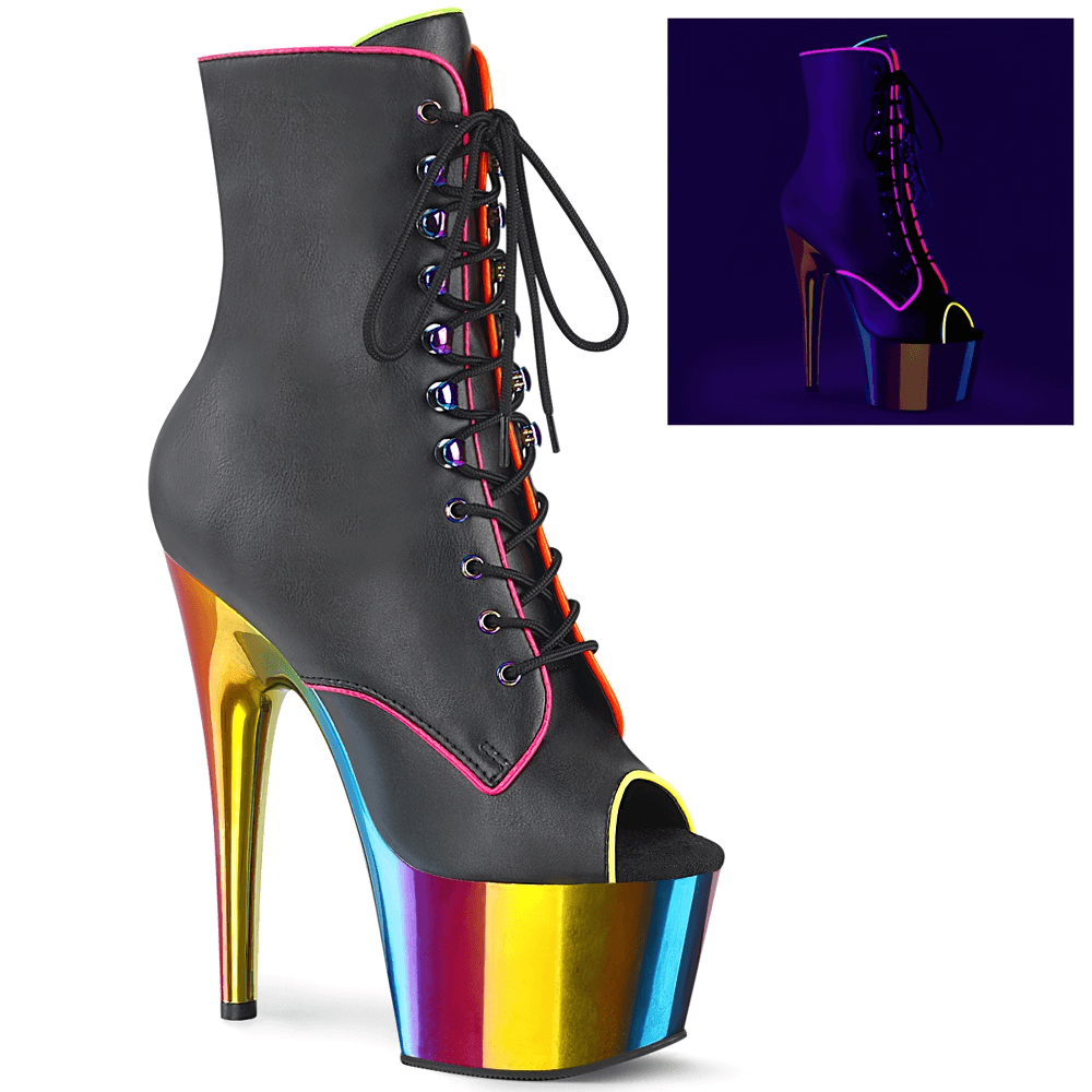 PLEASER Blacklight Reactive Ankle Boots with Rainbow Heels