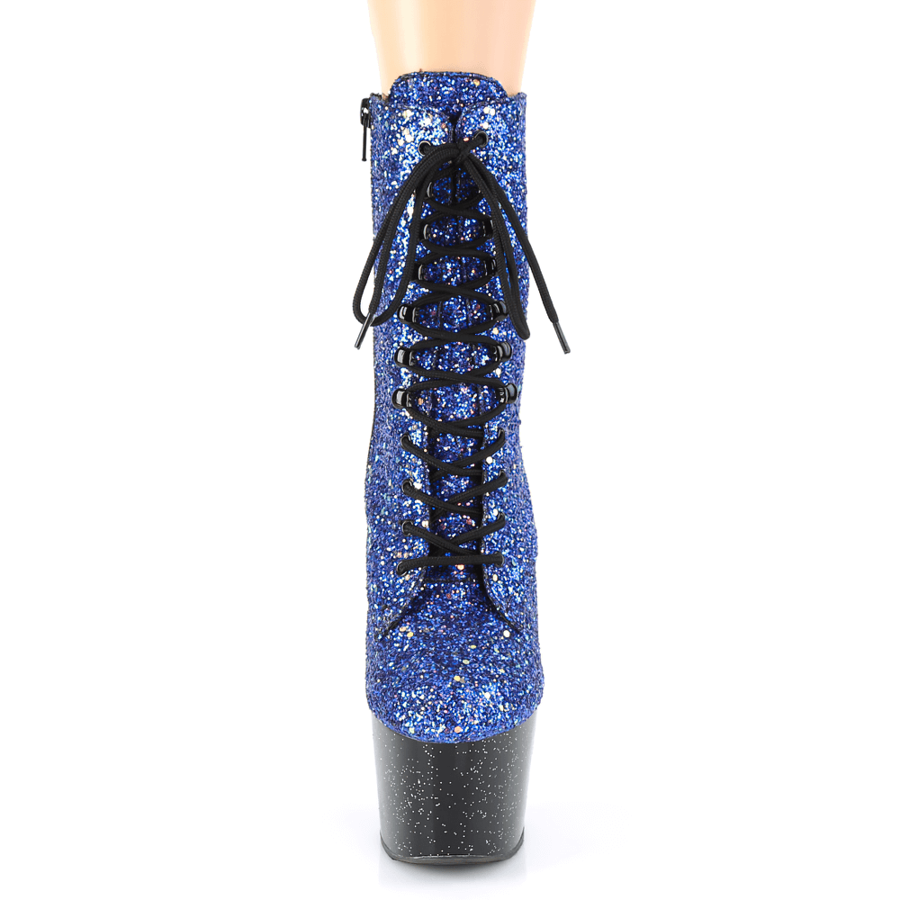 PLEASER blue glitter ankle boots with heels, lace-up front, and platform, perfect for dazzling night outings.