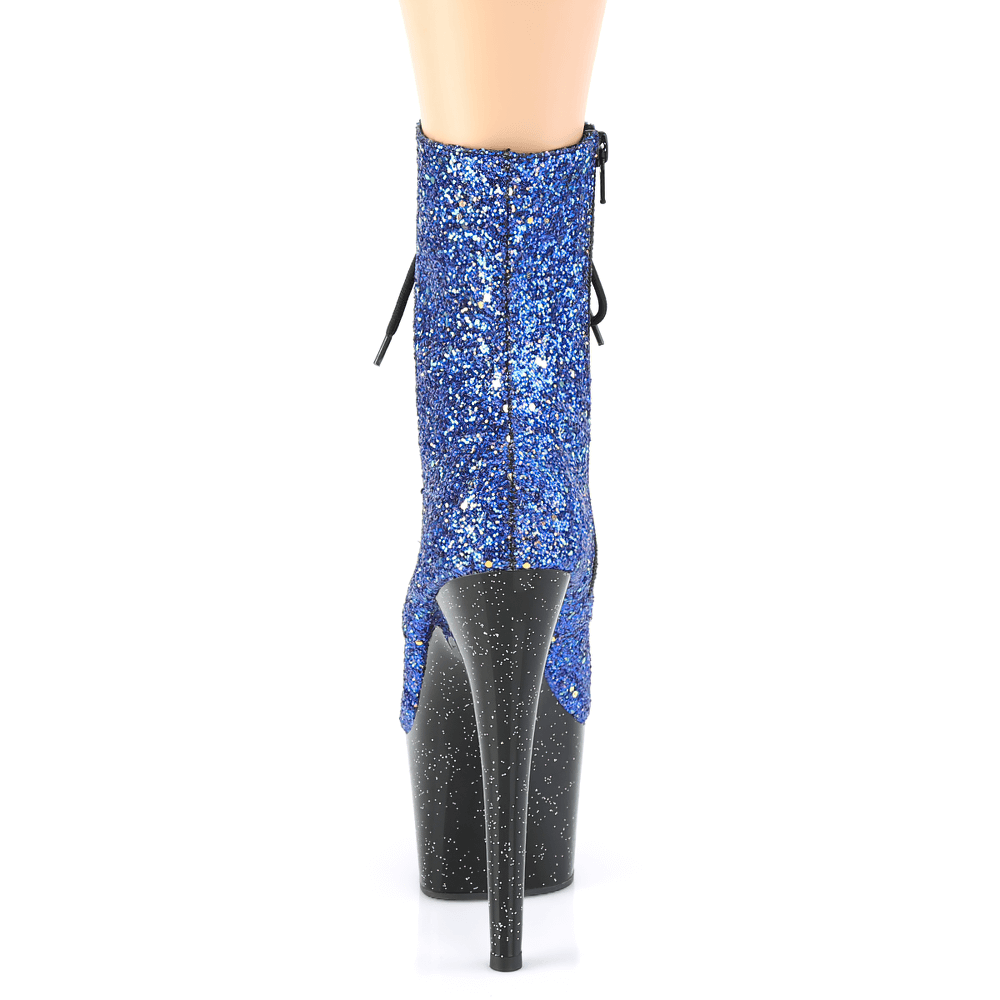 Back view of PLEASER blue glitter ankle boots with high heels and lace-up design, showcasing iridescent sparkle.