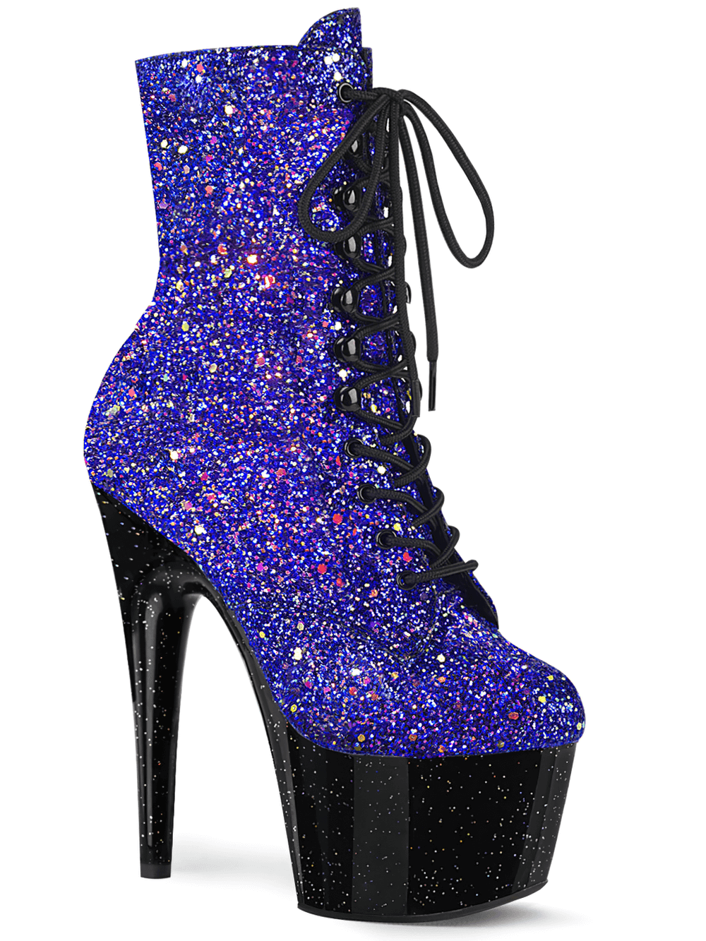 PLEASER blue glitter ankle boots with 7" heels, lace-up front, and iridescent sparkle for a stunning look.