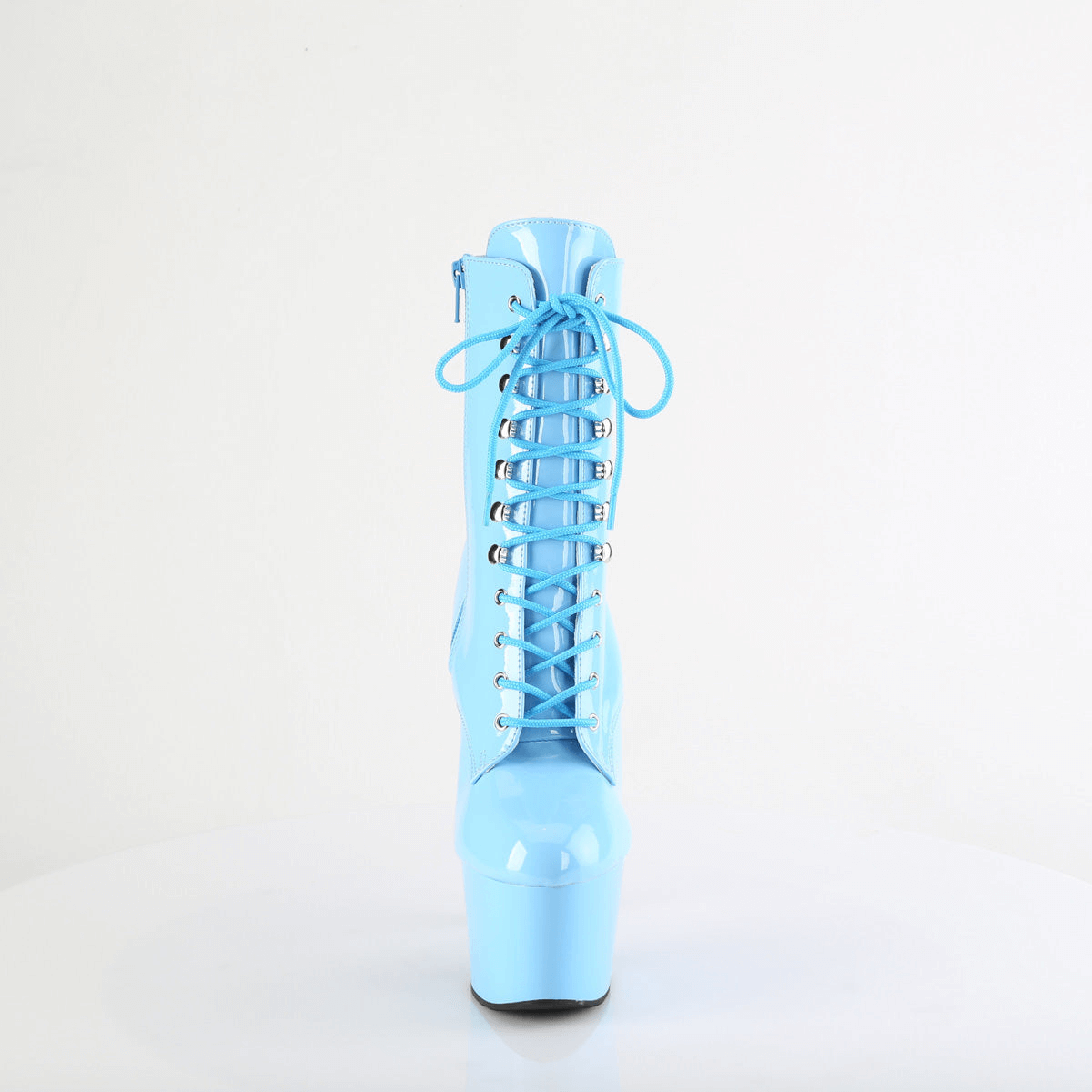 Sky blue stiletto ankle boots with lace-up design, featuring a 7-inch heel and platform sole for bold style.