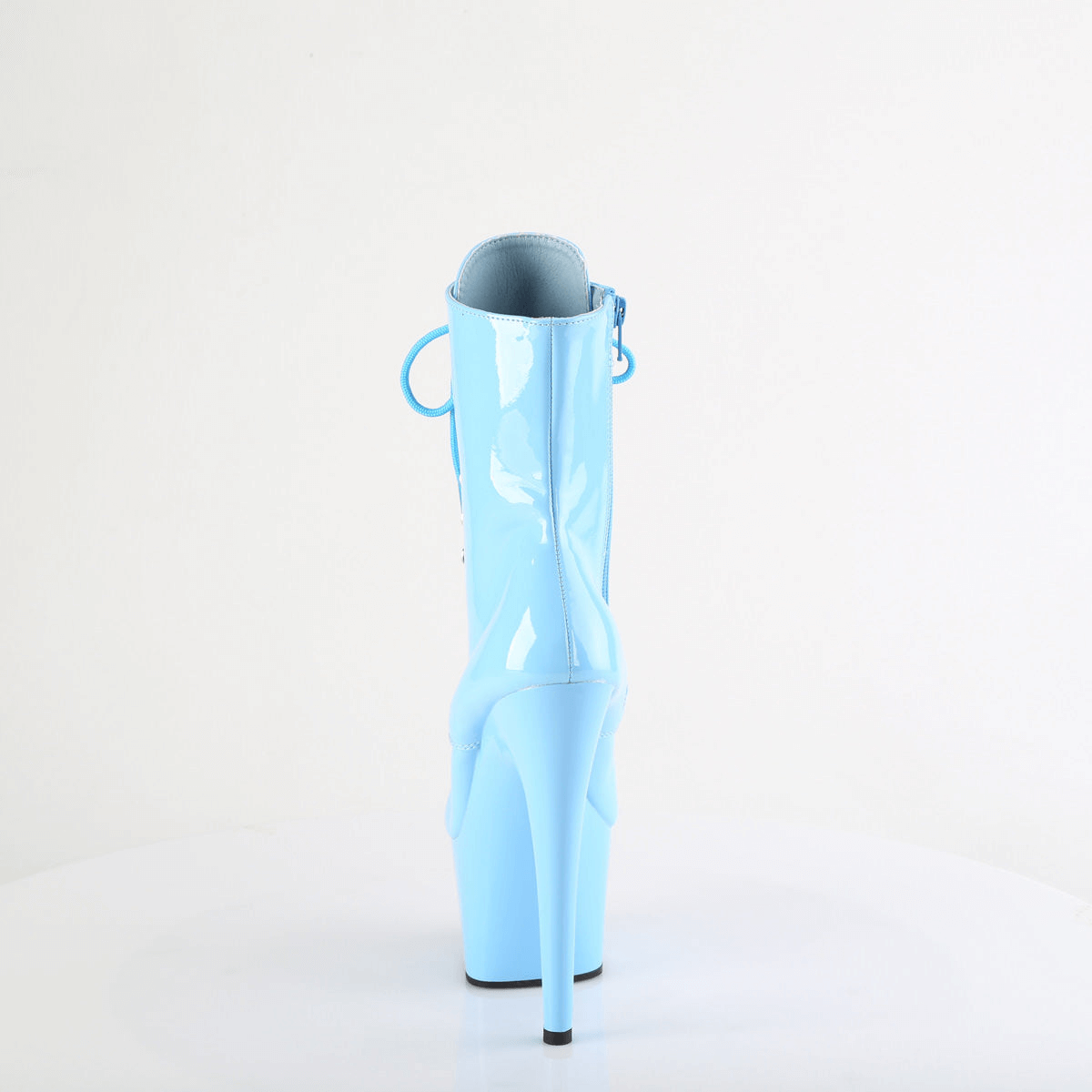 Back view of PLEASER blue stiletto heel ankle boots with lace-up design and platform sole.