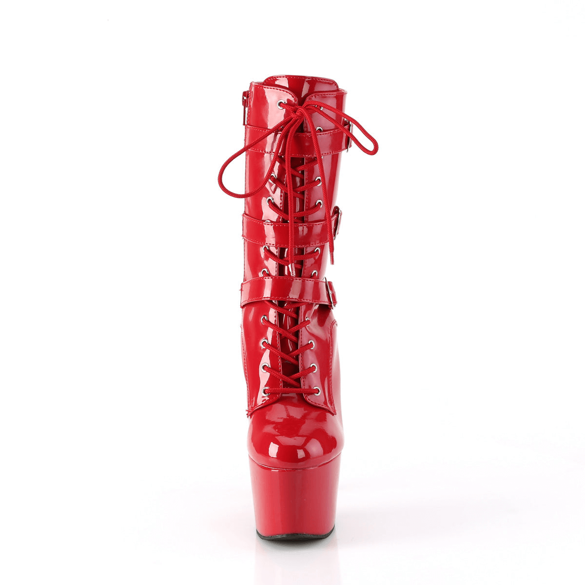 Bold red lace-up ankle boots with triple buckle straps and a 7-inch heel for an edgy look.