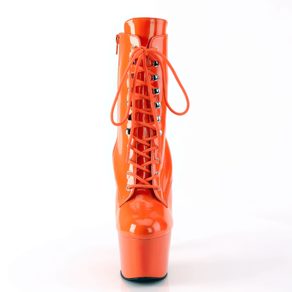 PLEASER – Auffällige, orangefarbene Stiefeletten mit Stiletto-Schnürung