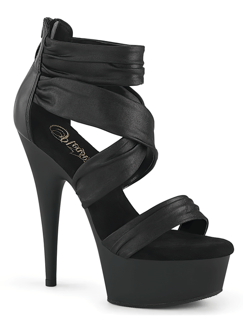 PLEASER 大胆なギャザー入り黒の足首ストラップサンダル