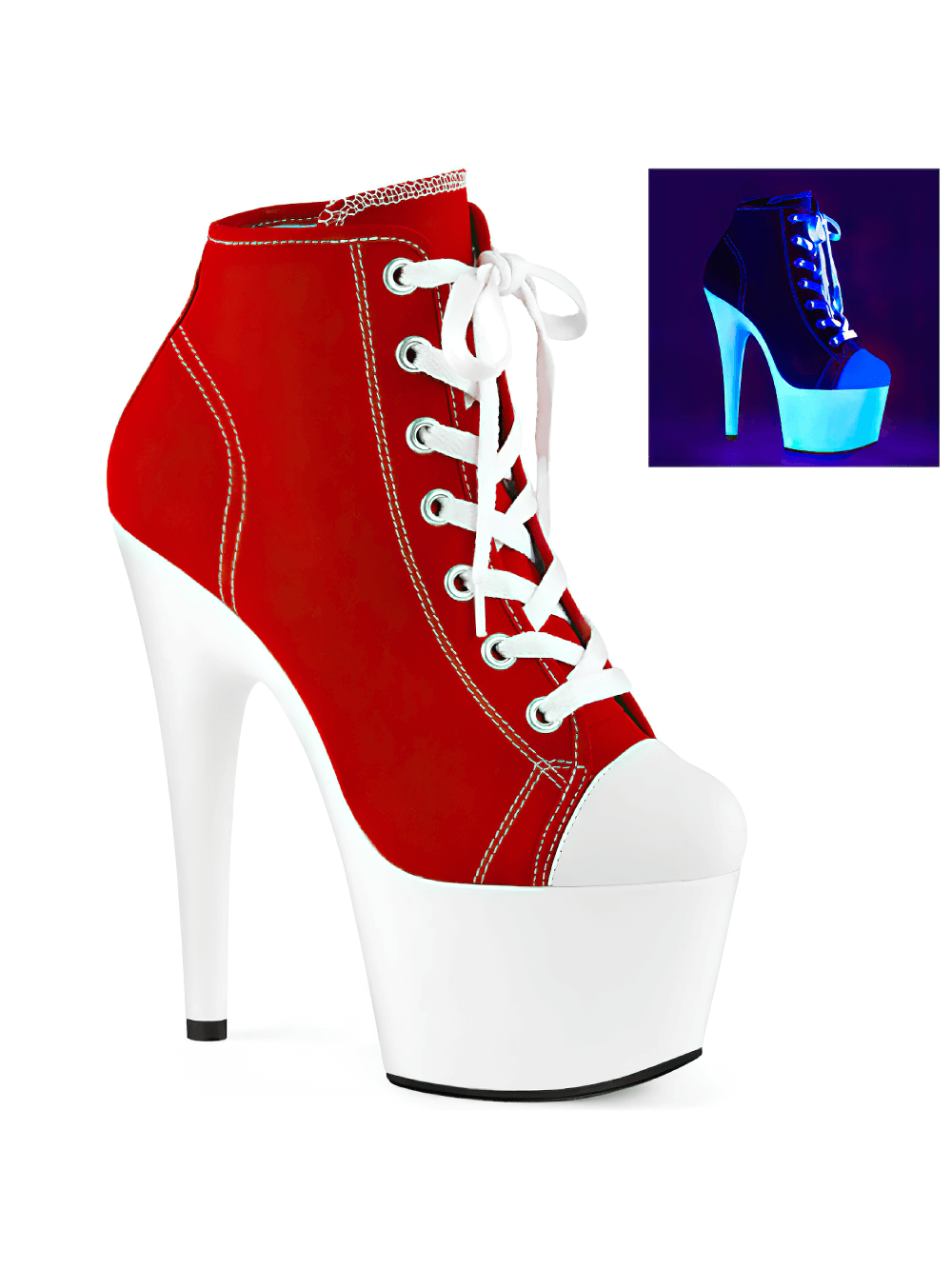 Bold red high-top sneakers with 7-inch heels and blacklight reactive sole for eye-catching style.