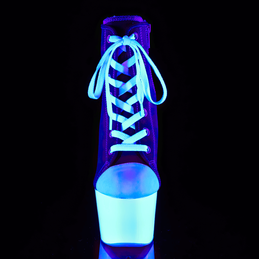Blacklight reactive high-top sneaker with 7-inch heel and glowing platform, perfect for bold style.