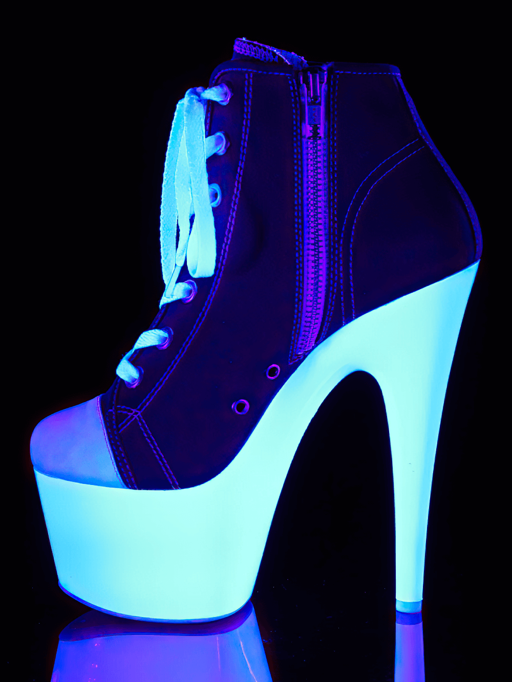 Blacklight reactive high-top boots with 7-inch heel and glowing platform, perfect for bold style under UV light.