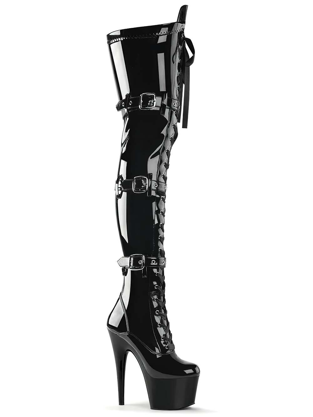 Sleek black thigh-high platform stiletto boots with lace-up front and triple-buckle design for bold style.