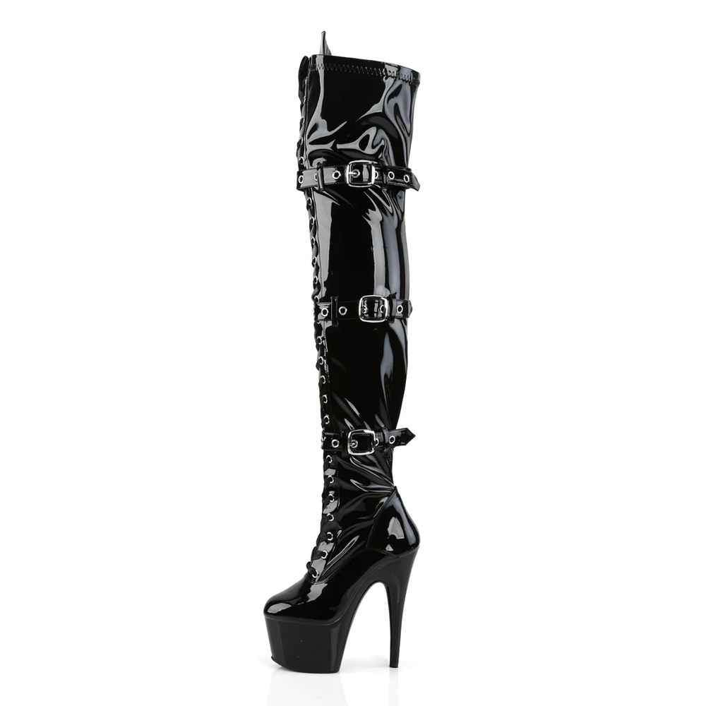 High-gloss thigh-high platform stiletto boots with lace-up front and triple buckle design for an edgy look.